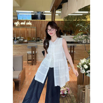 Sleeveless V-Neck Plain Lace Trim Blouse