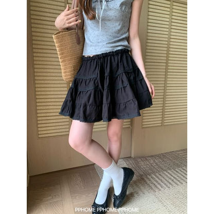 Mid Rise Plain Lace Trim Mini A-Line Skirt
