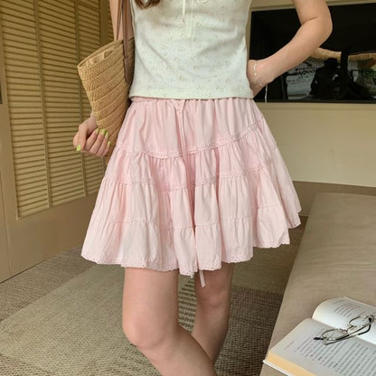 Mid Rise Plain Lace Trim Mini A-Line Skirt