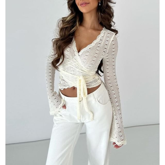 Long Sleeve V-Neck Lace Tie Waist Fitted Crop Top