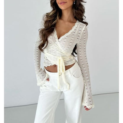Long Sleeve V-Neck Lace Tie Waist Fitted Crop Top