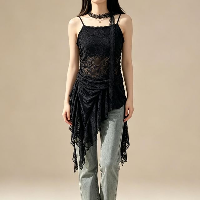 Spaghetti Strap Lace Asymmetrical Camisole Top