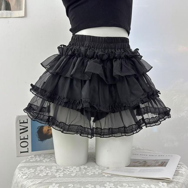 Mid Waist Sheer Mini Tiered Skirt
