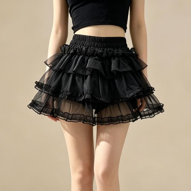 Mid Waist Sheer Mini Tiered Skirt