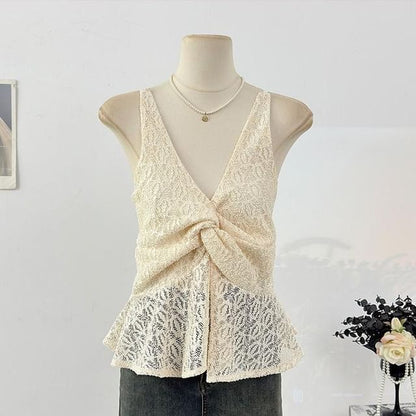 Sleeveless V-Neck Twisted Lace Top