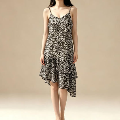 Spaghetti Strap V-Neck Leopard Print Asymmetrical Mini Dress