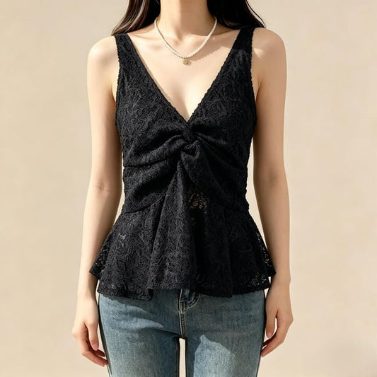 Sleeveless V-Neck Twisted Lace Top