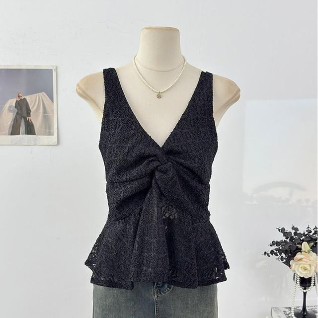 Sleeveless V-Neck Twisted Lace Top