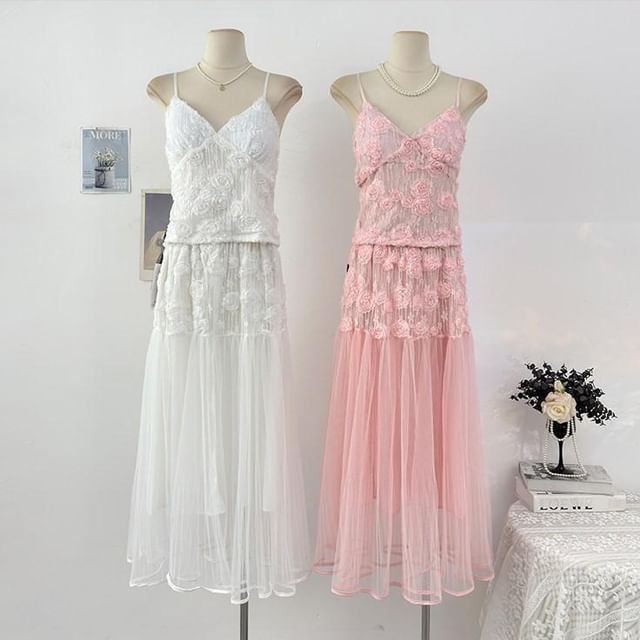 Set: V-Neck Lace Camisole Top + High Waist Maxi Skirt