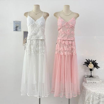 Set: V-Neck Lace Camisole Top + High Waist Maxi Skirt