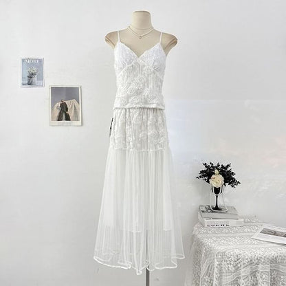 Set: V-Neck Lace Camisole Top + High Waist Maxi Skirt