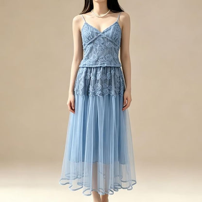 Set: V-Neck Lace Camisole Top + High Waist Maxi Skirt