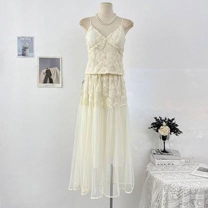 Set: V-Neck Lace Camisole Top + High Waist Maxi Skirt