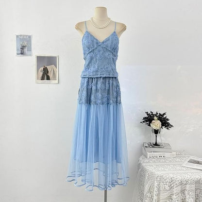 Set: V-Neck Lace Camisole Top + High Waist Maxi Skirt