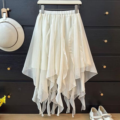 Mid Waist Asymmetrical Plain A-Line Skirt