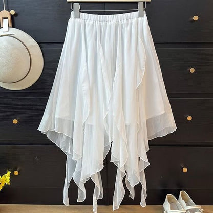 Mid Waist Asymmetrical Plain A-Line Skirt
