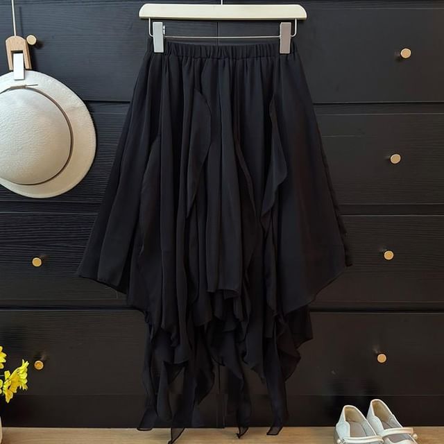 Mid Waist Asymmetrical Plain A-Line Skirt