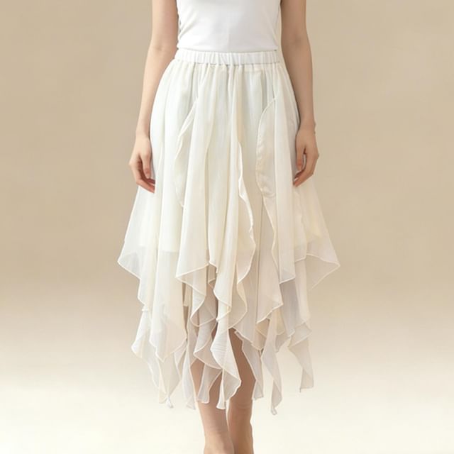 Mid Waist Asymmetrical Plain A-Line Skirt
