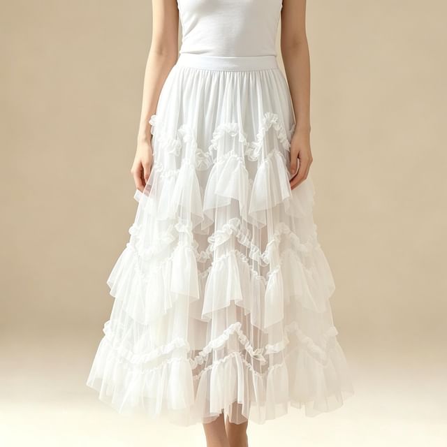High Waist Ruffle Maxi A-Line Skirt