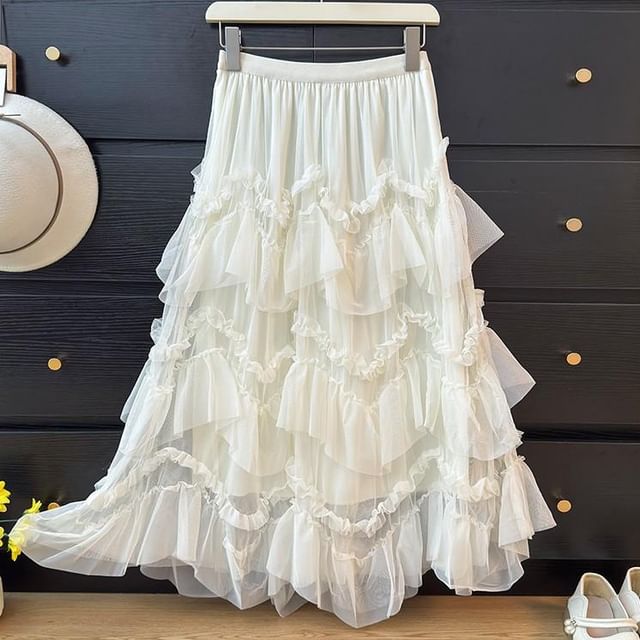 High Waist Ruffle Maxi A-Line Skirt