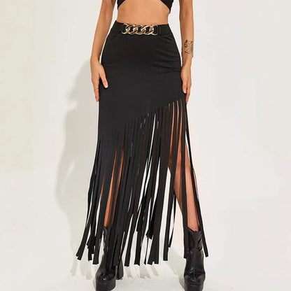 High Waist Asymmetrical Plain Fringed Mini Pencil Skirt