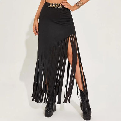 High Waist Asymmetrical Plain Fringed Mini Pencil Skirt