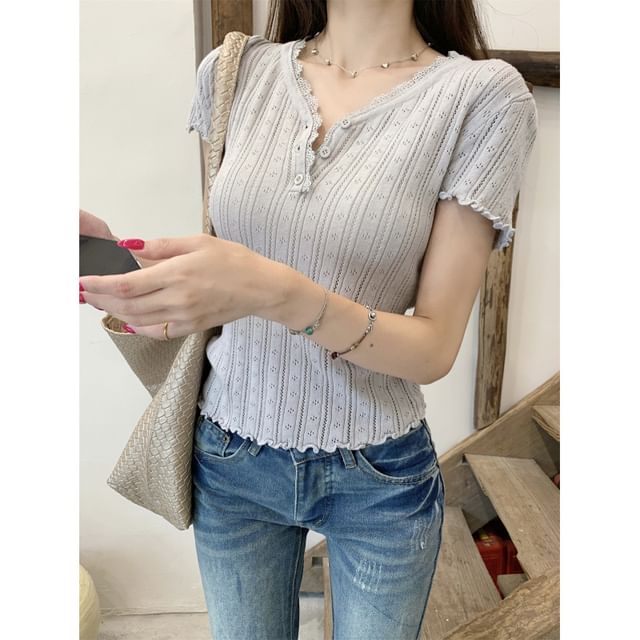 Short-Sleeve V-Neck Henley Lace Trim Plain Crop Top