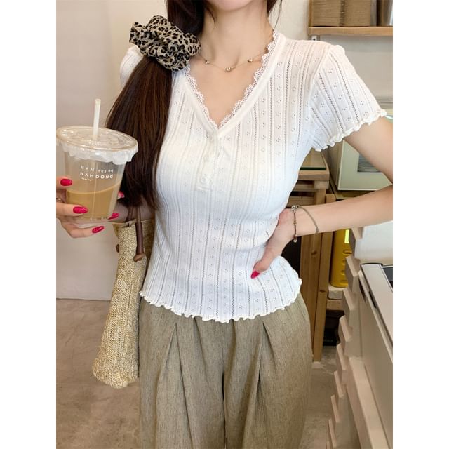 Short-Sleeve V-Neck Henley Lace Trim Plain Crop Top
