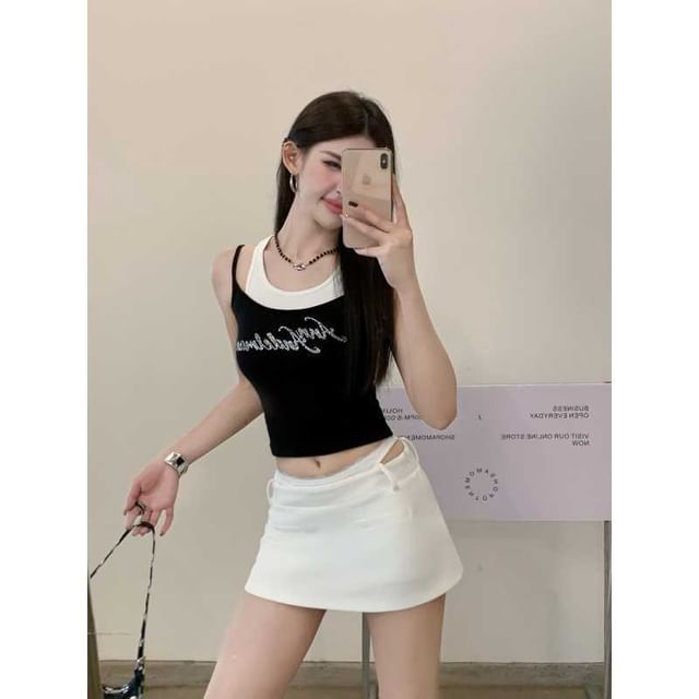 Mock Two-Piece Low Waist Plain Mini Pencil Skirt