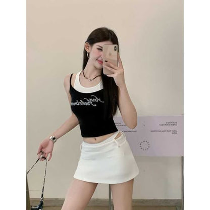 Mock Two-Piece Low Waist Plain Mini Pencil Skirt
