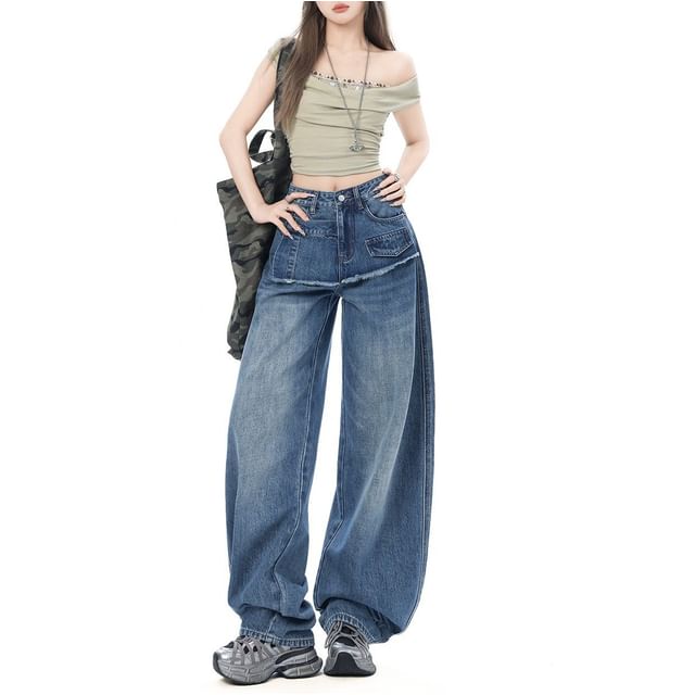 Mid Rise  Skirt Overlay Washed Barrel Leg Baggy Jeans (Various Designs)