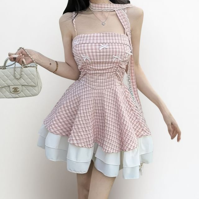Spaghetti Strap Plaid Lace Trim Mini A-Line Dress