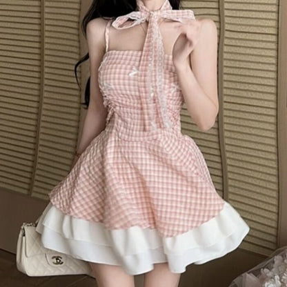 Spaghetti Strap Plaid Lace Trim Mini A-Line Dress
