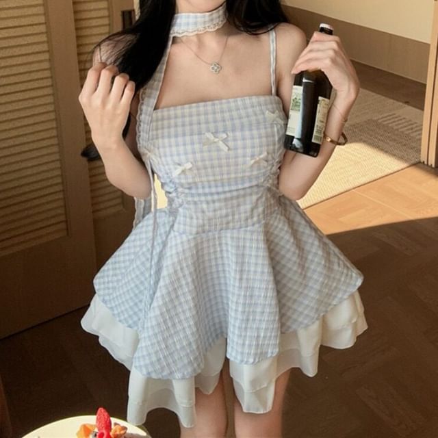 Spaghetti Strap Plaid Lace Trim Mini A-Line Dress
