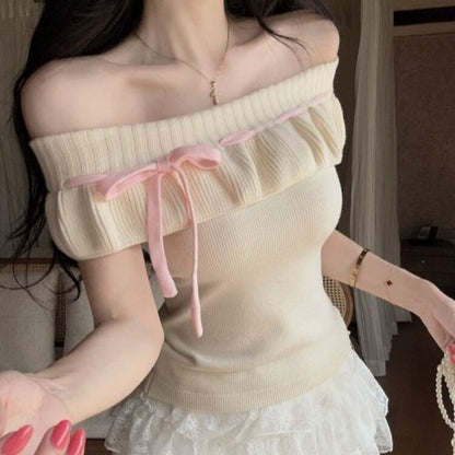 Short-Sleeve Off Shoulder Plain Knit Top / Mid Rise Plain Lace Mini A-Line Skirt
