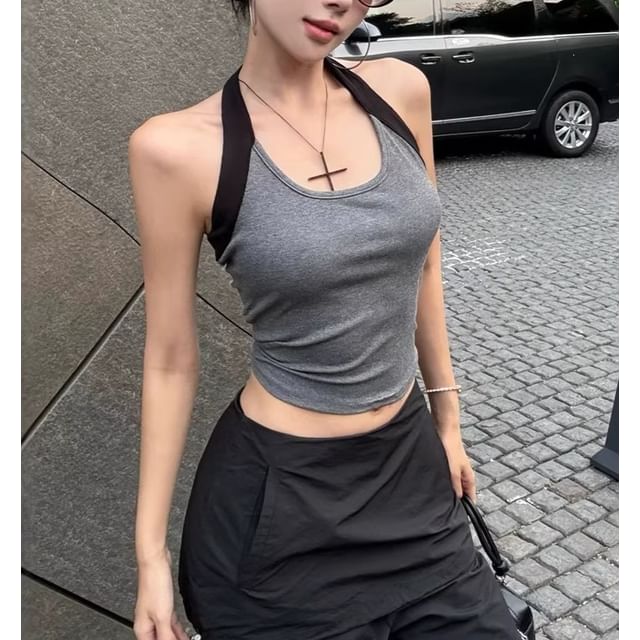 Halter Neck Color Block Fitted Crop Tank