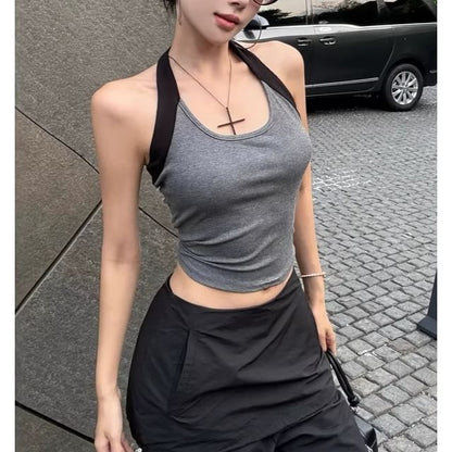 Halter Neck Color Block Fitted Crop Tank