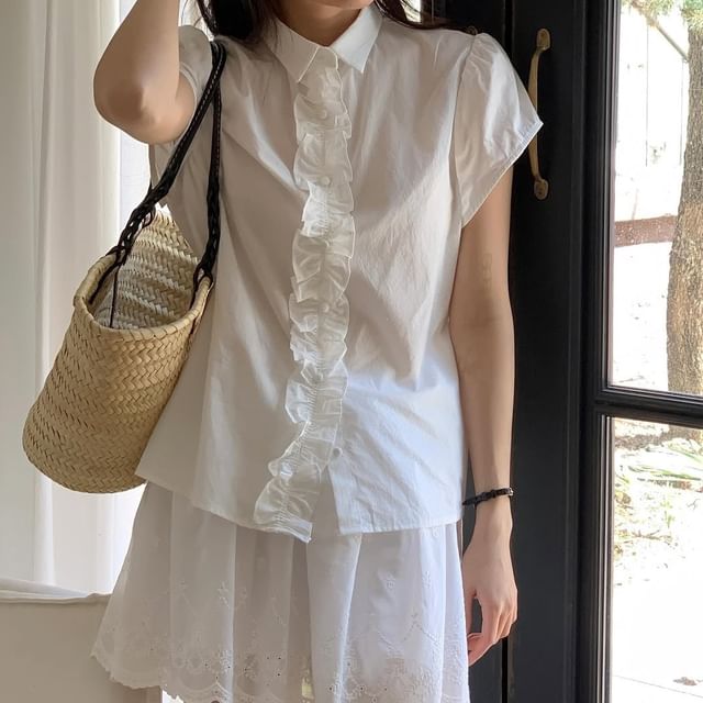 Short Sleeve Gingham Print Ruffled Loose Shirt