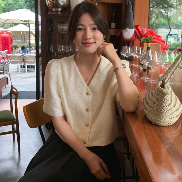 Short Sleeve V-Neck Jacquard Button Up Cropped Top
