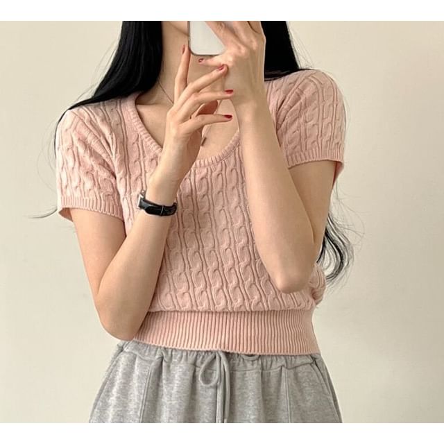 Short Sleeve Scoop Neck Solid Cable Knit Fitted Top