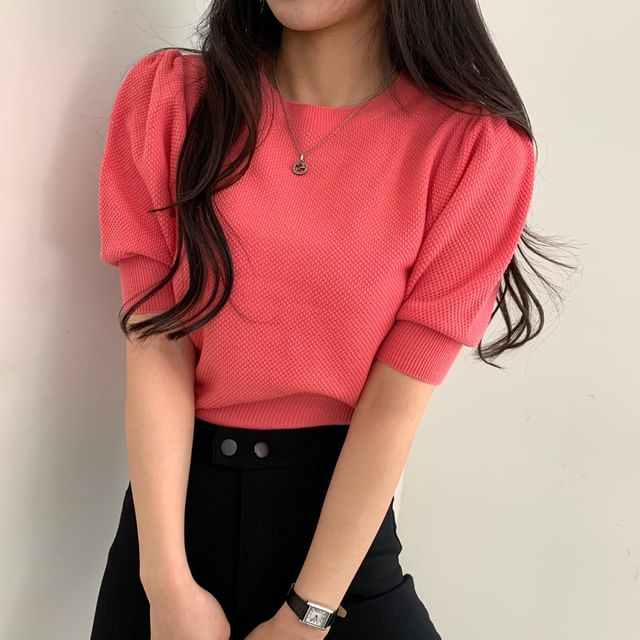 Puff Sleeve Solid Textured Fitted Top