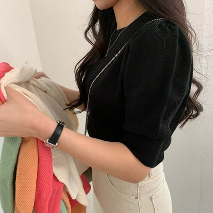 Puff Sleeve Solid Textured Fitted Top