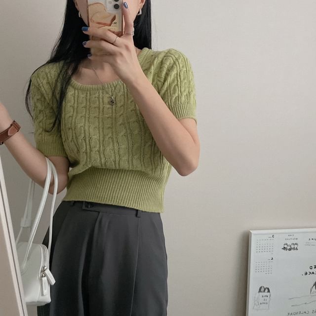Short Sleeve Scoop Neck Solid Cable Knit Fitted Top