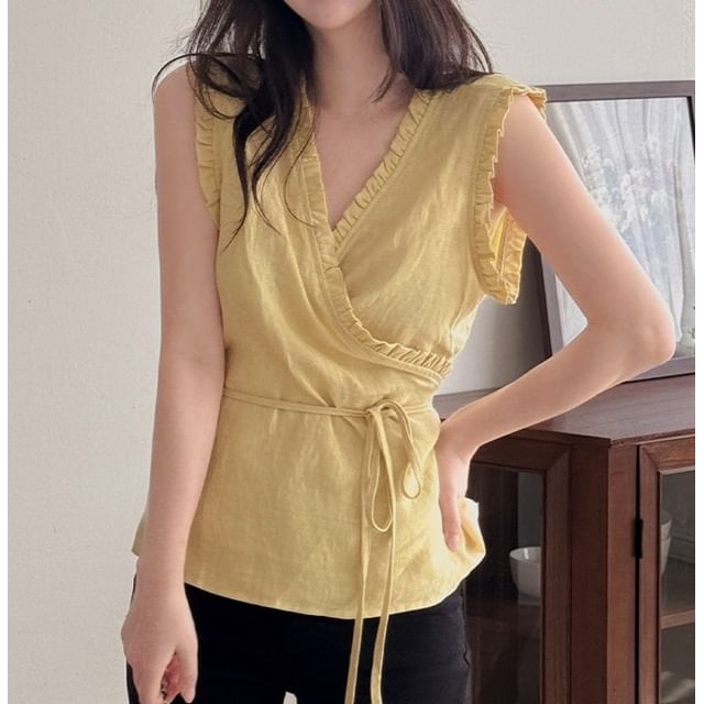 Sleeveless V-Neck Solid Ruffle Trim Tie Waist Blouse