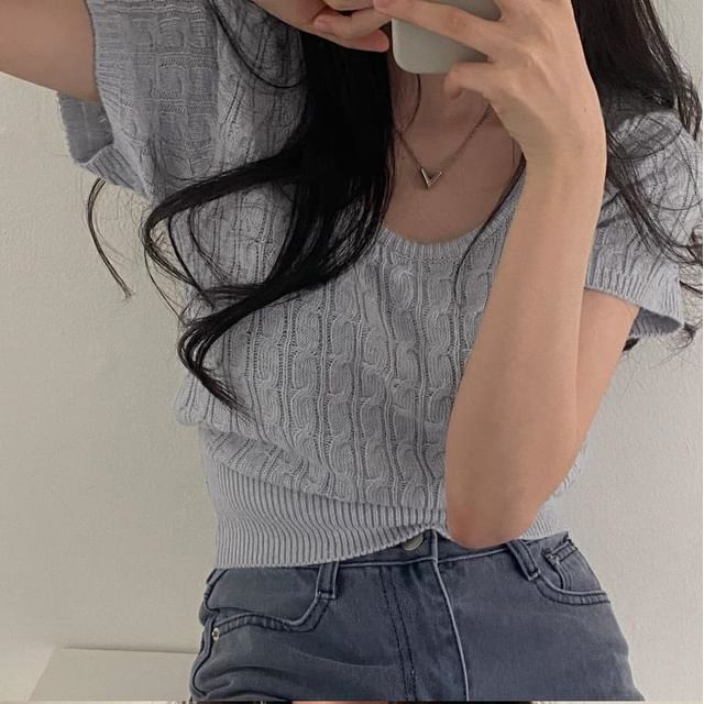 Short Sleeve Scoop Neck Solid Cable Knit Fitted Top
