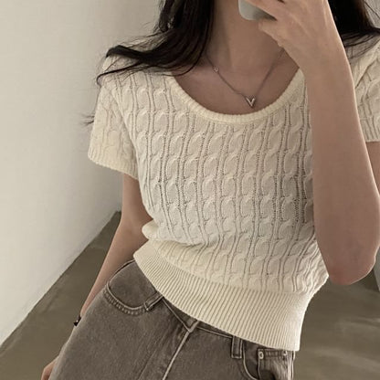Short Sleeve Scoop Neck Solid Cable Knit Fitted Top