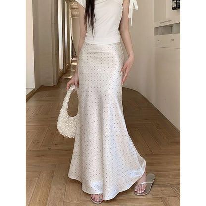 High Waist Polka Dot Satin Fishtail Maxi Skirt