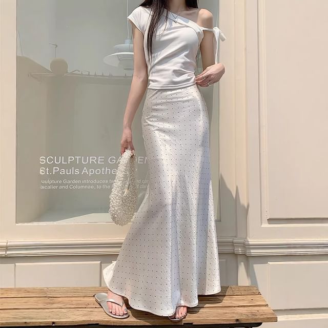 High Waist Polka Dot Satin Fishtail Maxi Skirt