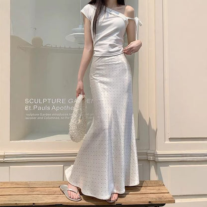 High Waist Polka Dot Satin Fishtail Maxi Skirt