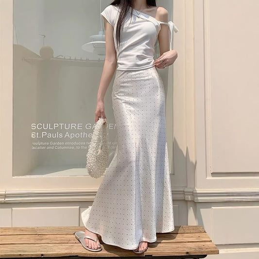 High Waist Polka Dot Satin Fishtail Maxi Skirt